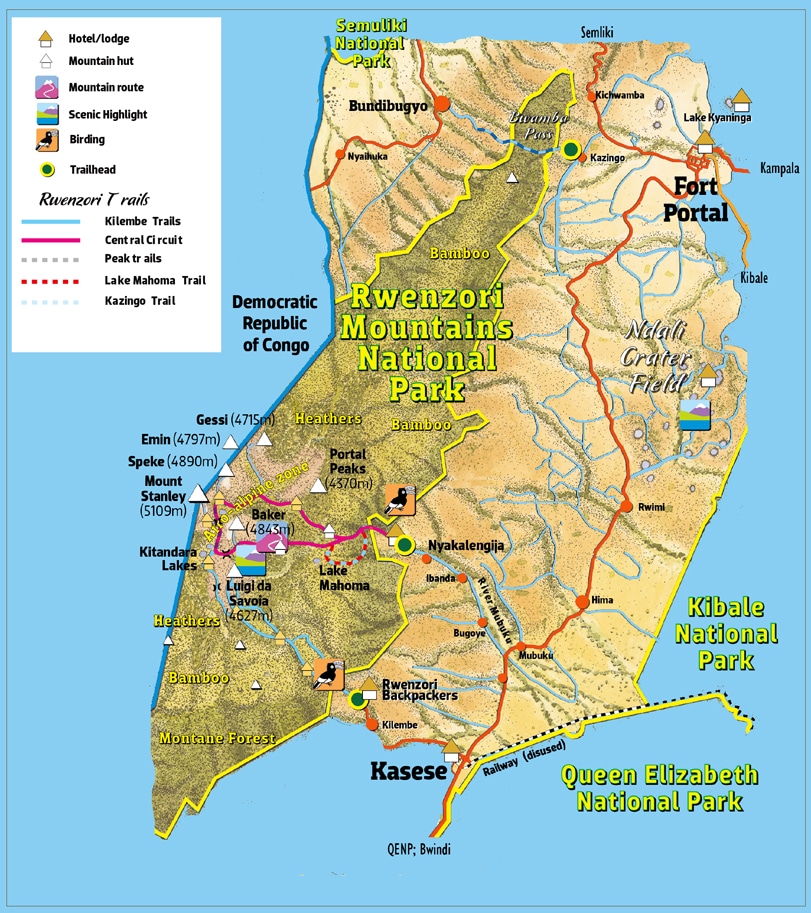 Map of Rwenzori hiking routes, highlighting key trekking checkpoints.